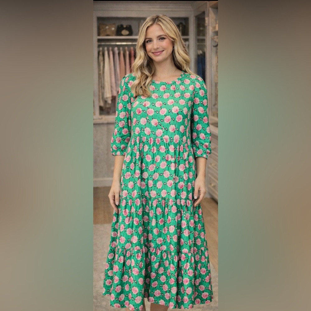 Floral Green Dress with Pink Roses